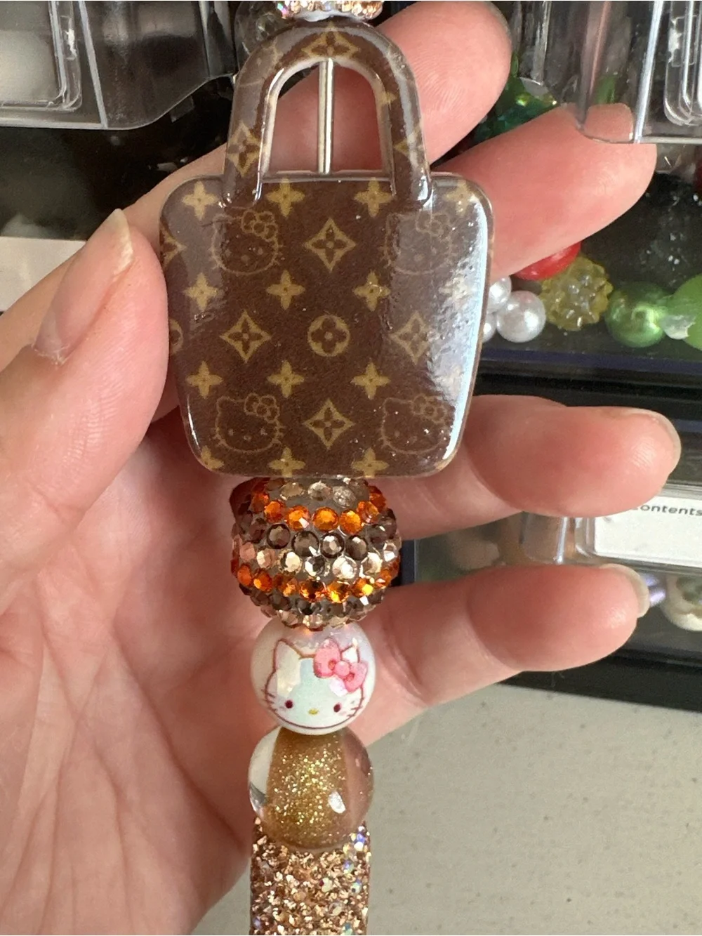 Sparkling Brown Crystal Beaded Pen Charm - Hello Kitty Accent